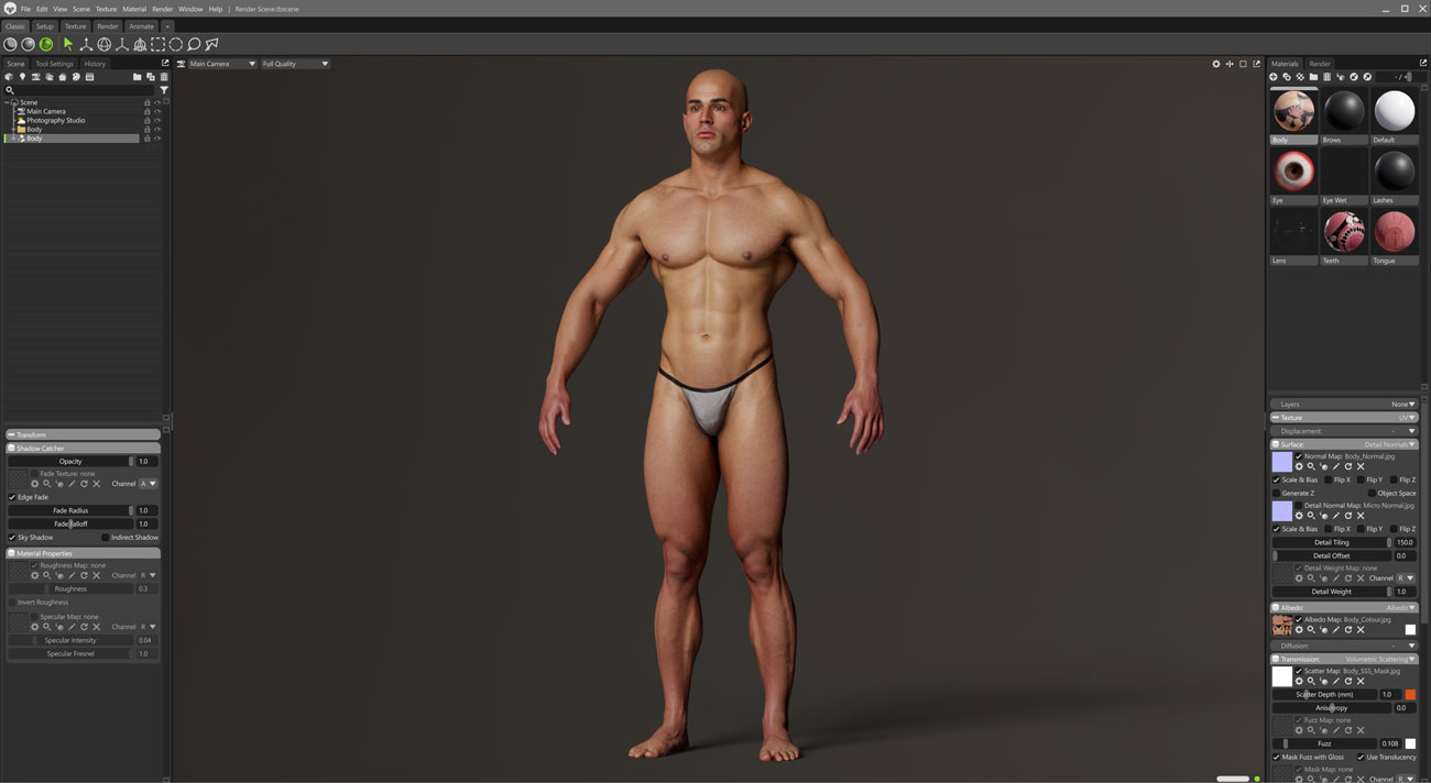 Marmoset Toolbag real-time render of a stocky male full body 3D scan with PBR shading and studio lighting